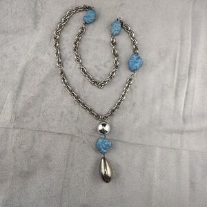Estate Necklace Blue Nugget Silver Tone Pendant Long Chain 28"